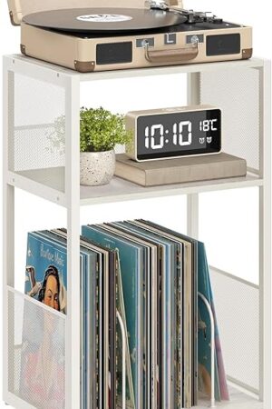 VASAGLE Record Player Stand, 3-Tier Side Table End Table, Rustic White, ULET275W01