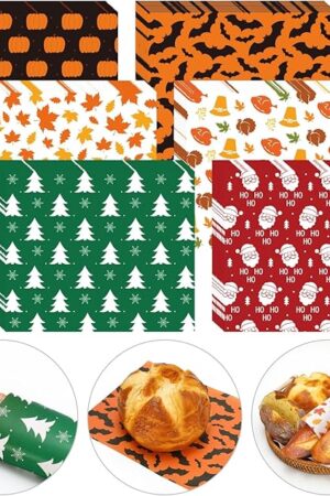 240Pcs Fall Wax Paper Leaves Pumpkin Santa Bat Deli Papers 6 Designs Sandwich Wrap Paper Waterproof Oil-Proof Picnic Liners for Christmas Halloween Party Kitchen Supplies, 9.8 x 8.3 in