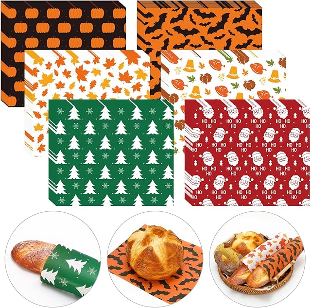 240Pcs Fall Wax Paper Leaves Pumpkin Santa Bat Deli Papers 6 Designs Sandwich Wrap Paper Waterproof Oil-Proof Picnic Liners for Christmas Halloween Party Kitchen Supplies, 9.8 x 8.3 in