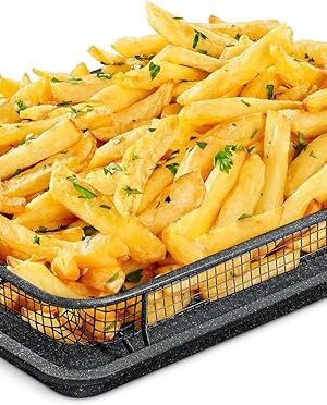 Bakken Swiss Crisper Tray - 2-Piece Set – Gray Marble Coating, Non-Stick Basket for Healthier Cooking in Regular Ovens - Perfectly Crispy Chips, Bacon & More