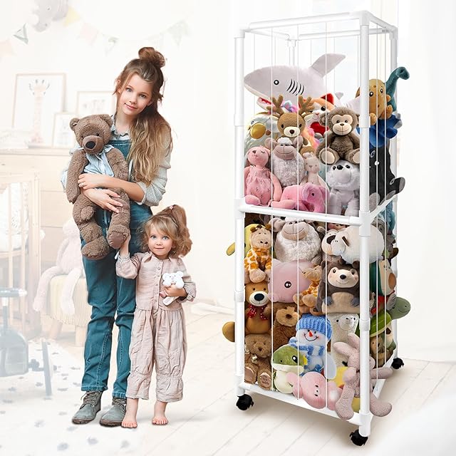 Stuffed Animal Storage Zoo with Wheels, Large Stuff Animals Plushies Holder Toy Organizer Kids Plush Storage Cage PVC with Elastic Band and Net for Nursery Playroom Corner for Toddler Boys Girls