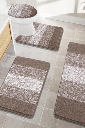Bsmathom Bathroom Rugs Sets 4 Piece with Toilet Lid Cover, Non-Slip Bathroom Rugs and Mats Sets, Absorbent Bath Rugs Microfiber Shaggy Machine Washable Bath Rug Set, Coffee