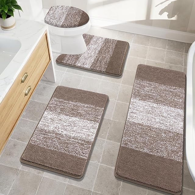 Bsmathom Bathroom Rugs Sets 4 Piece with Toilet Lid Cover, Non-Slip Bathroom Rugs and Mats Sets, Absorbent Bath Rugs Microfiber Shaggy Machine Washable Bath Rug Set, Coffee