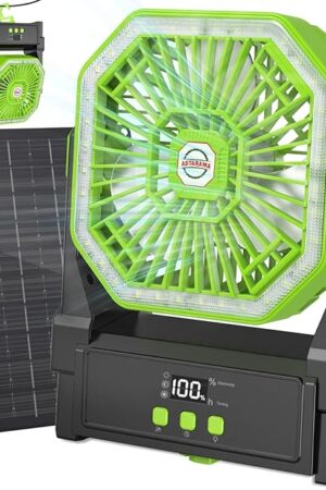 10000mAh Solar Fan,Camping Fan with 10W Solar Panel & Light, 4 Speeds Battery Operated Fan with LED Display,Timer,Hanging Hook & 180°Adjustable.Portable Fan Rechargeable for Outdoor (Green)