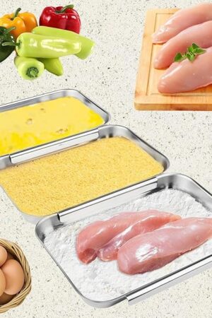 3-Piece Stainless Steel Breading Set – Interlocking Coating Trays for Chicken, Fish, Meat | Non-Slip, Dishwasher Safe, Oven Safe | Stackable Space-Saving Design for Flour, Egg, Breadcrumbs
