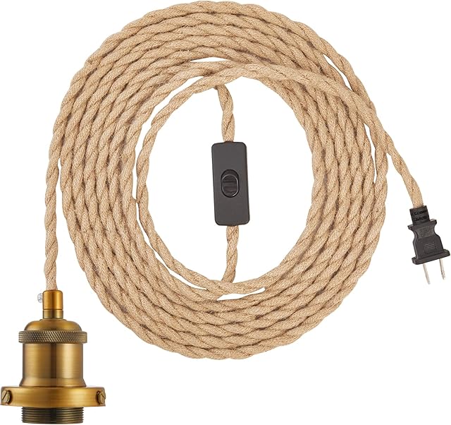15.4ft Pendant Light Cord Kit, Industrial Vintage Plug in E26 Socket Hanging Light with Switch, Hemp Rope Hanging Light Fixture for Pendant Lamp Farmhouse Lamp Cable DIY