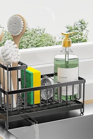 Cisily Black Sponge Holder for Kitchen Sink, Sink Caddy Organizer with High Brush Holder, Kitchen Countertop Organizers and Storage Essentials, Rustproof 304 Stainless Steel, Soap Dispenser Organize