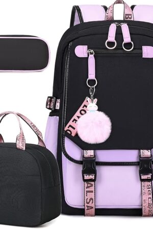 Bevalsa Backpack with Lunch Bag Bookbag Set for Girls Kids Middle High School College Student 21L Casual Daypack Children Schoolbag Bookbag with USB Charging Port (Purple)
