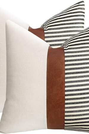 cygnus Set of 2 Farmhouse Decor Stripe Patchwork Linen Throw Pillow Covers,Modern Tan Faux Leather Accent Pillow Covers 18x18 inch,Black