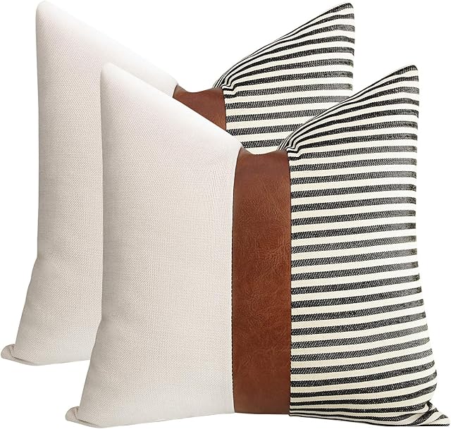 cygnus Set of 2 Farmhouse Decor Stripe Patchwork Linen Throw Pillow Covers,Modern Tan Faux Leather Accent Pillow Covers 18x18 inch,Black