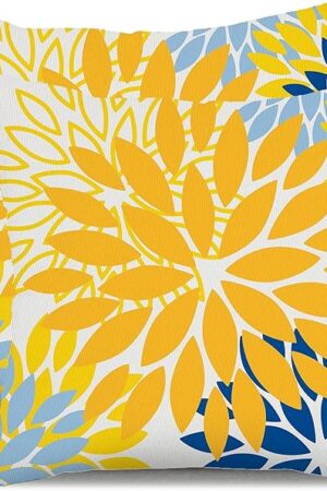DFXSZ Yellow Blue Flower Pillow Covers 18x18 Inch Set of 2 White Gray Colored Throw Pillows Outdoor Waterproof Decor for Living Room Sofa Patio Funiture Garden Floral Polyester Pillow Covers 002J18