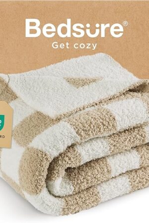 Bedsure Checkered Throw Blanket for Couch - Super Soft, Cozy & Warm Knit Fall Blanket, Gentlesoft, Breathable, Lightweight & Fluffy for Bed & Sofa, Checkered Beige, 50x60 Inches