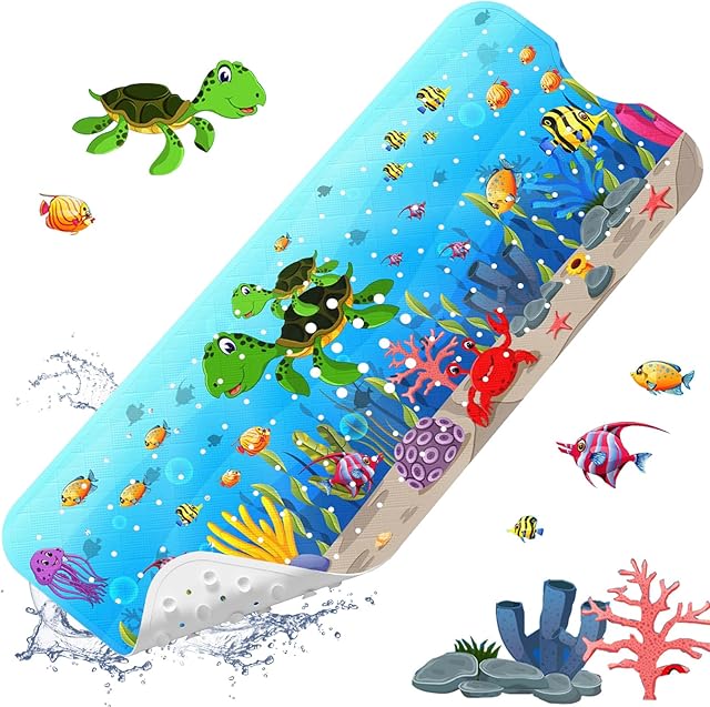 XIYUNTE Baby Bath Mat for Tub Non Slip Kids Bath Mat - 40''x16'' Extra Long Cartoon Sea Turtle Baby Bath Tub Mat Eco-Friendly Toddler Bath Mats with Suction Cups & Drain Holes Easy to Clean & Drying