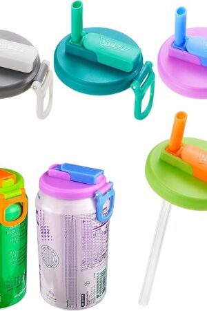 4-pack 4 Color Soda Can Lids with straw, Soda Can Covers with Silicone straw BPA-Free Reusable For Fits standard For Canned Beverage, Beer, Juice,Seltzer. (Colour mixture)