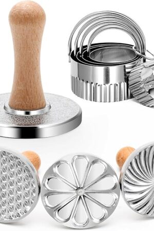 3+5 Cookie Stamps Biscuit Cutter Set, Luxiv 3 Molds Metal Cookie Press Mold Wooden Handle Embossing Stamper, 5 Size Cookie Cutter Tool, Hand-press Biscuit Stamper for DIY Baking Tool