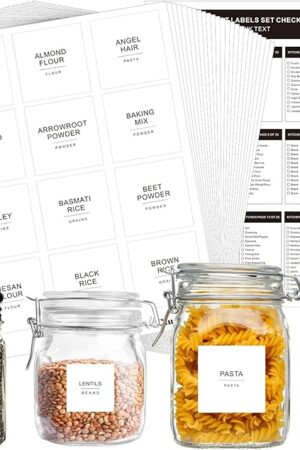 Cludoo 434 Pcs DIY Blank & Preprinted Minimalist Waterproof Pantry Kitchen Labels - 3 Sizes - Ideal for Containers, Jars, Bottles