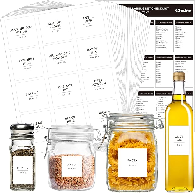 Cludoo 434 Pcs DIY Blank & Preprinted Minimalist Waterproof Pantry Kitchen Labels - 3 Sizes - Ideal for Containers, Jars, Bottles