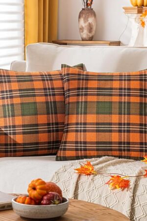18x18 Fall Plaid Throw Pillow Covers with Gold Thread Accents Set of 2 - Orange Neutral Farmhouse Checkered Decorative Pillow Cases for Bed Room Couch Cushion Covers for Modern Home Décor