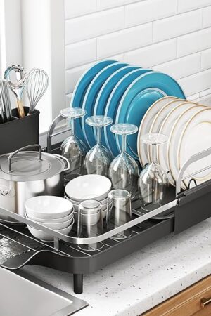 Dish Drying Rack, Expandable Dish Rack for Kitchen Counter, Stainless Steel Dish Drainer with Drainboard Set and Utensil Holder (Black)