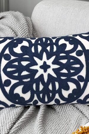 Alysheer Embroidered Lumbar Decorative Throw Pillow Cover 12"x 20", Classic Boho Mandala Embroidery Pattern Cotton Rectangular Cushion Case for Sofa Couch Living Room Bedroom(Navy Blue)