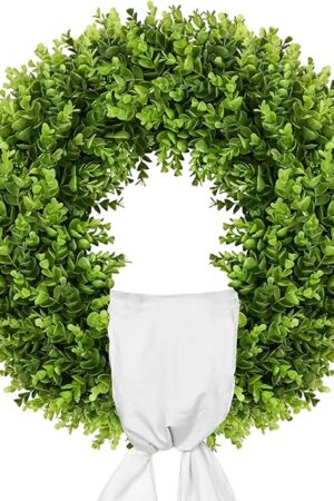Vlorart 20-Inch Boxwood Wreath, Artificial Boxwood Wreath Front Door Wreaths Artificial Spring Summer Greenery Hanging with A Plaid Bowand Sash for Front Door Wall Hanging