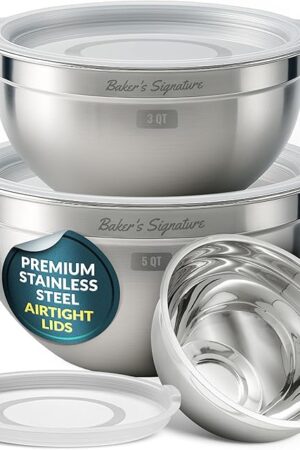 Baker's Signature Stainless Steel Mixing Bowls With Lid, Metal Mixing Bowl Set Of 3, Nesting Set For Food Prep, Baking,Storage, Cooking, Serving | Dishwasher Safe, Silver, 1.5/3/5 Qt
