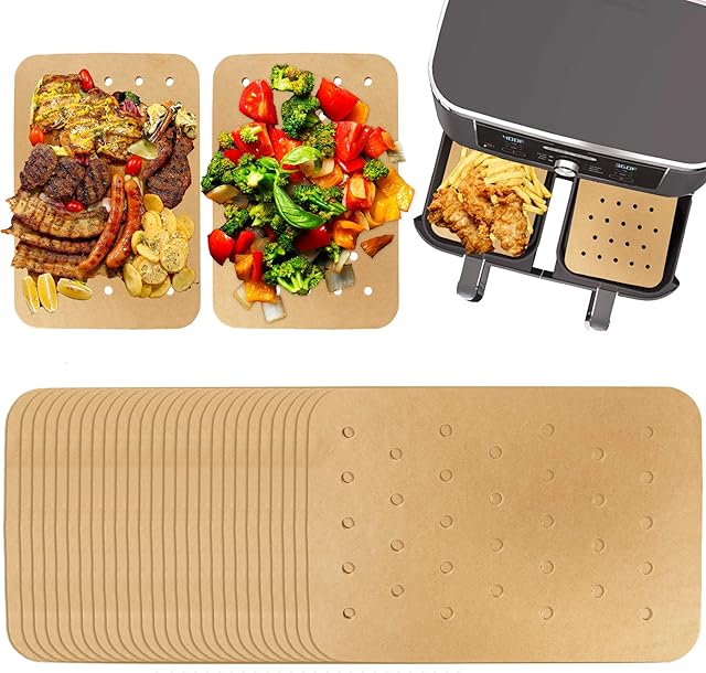 200 Pcs Air Fryer Disposable Paper Liners, Air Fryer Liners, Parchment Paper for Baking, Nonstick Perforated Air Fryer Accessories, HOFHTD Baking Papers for Ninja DZ201 Foodi 6-in-1 8-qt. 2-Basket