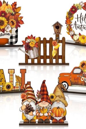 Wenqik 6 Pcs Hello Autumn Wooden Table Decorations Fall Wood Tabletop Sign Centerpiece Rustic Decorations for Office Desk Farmhouse Home Kitchen Tiered Tray Decor Shelves Table Decorative (Yellow)