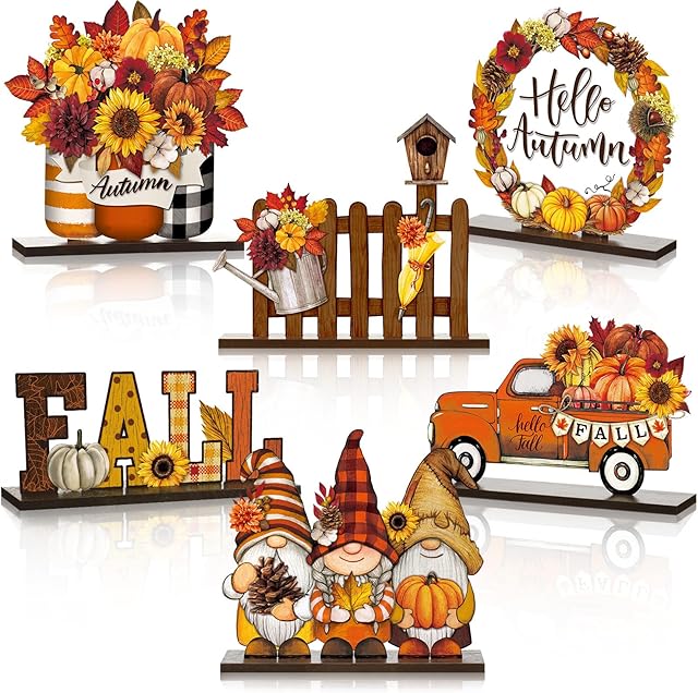 Wenqik 6 Pcs Hello Autumn Wooden Table Decorations Fall Wood Tabletop Sign Centerpiece Rustic Decorations for Office Desk Farmhouse Home Kitchen Tiered Tray Decor Shelves Table Decorative (Yellow)