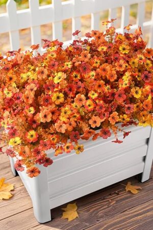 Artificial Fall Flowers for Outdoor, 12 Bundles 4 Colors Faux Mums Fake Fall Plants for Decoration, UV Resistant No Fade Silk Plastic Flower for Autumn Porch Patio Planters Windowbox Yard Garden