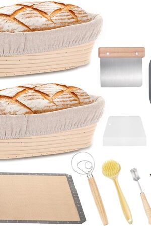 Bread Proofing Basket Set of 2, 10 Inch Oval Bread Proofing Basket Set, Sourdough proofing basket, Starter Kit, Inlude Dough Whish, Cleaning Brush, Perfect Baker's Gift Set