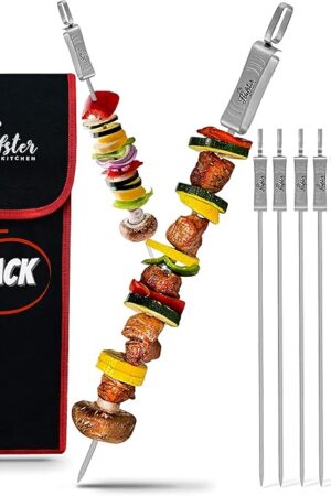 "FLAFSTER KITCHEN BBQ Skewers for Grilling - 16" Stainless Steel Flat Kebab Sticks with Push Bar, Reusable Metal Shish Kabob Skewers, Set of 6"