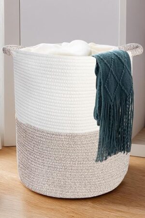 40L Laundry Basket with Handles: Large Cotton Rope Woven Hamper for Clothes, Blankets, Toys, Foldable Tall Storage Bin for Bedroom, Nursery, Living Room Decor (Beige & White)