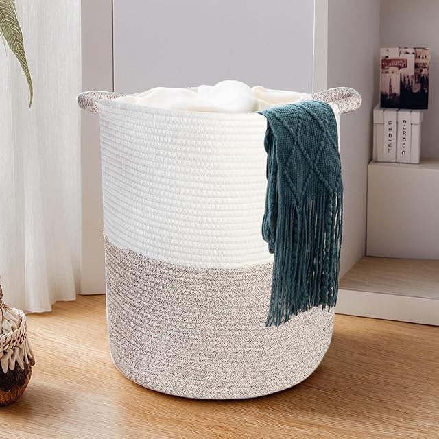 40L Laundry Basket with Handles: Large Cotton Rope Woven Hamper for Clothes, Blankets, Toys, Foldable Tall Storage Bin for Bedroom, Nursery, Living Room Decor (Beige & White)