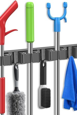 Broom Holder Wall Mount, Mop and Broom Hanger Wall Mount for Organizing and Storing Items in Household Kitchens, Gardens, Laundries (4 Racks & 3 Hooks, Grey)
