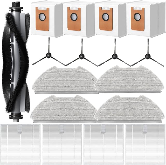T20+ Accessories Replacement Parts for Airrobo T20+ and for FIXR T20 Robotic Vacuum Cleaner, 1 Roller Brush, 4 Mop Pads, 4 Hepa Filters, 4 Dust Bags, 4 Side Brushes, 17 Pack