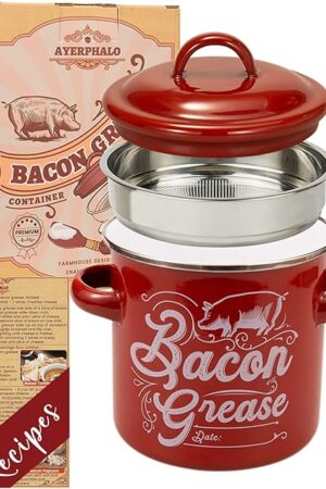 Bacon Grease Container with Strainer - 46OZ Large Capacity, With Silicone Wooden Spatula, Enamel Bacon Grease Keeper for Bacon Drippings, Farmhouse Red Kitchen Decor, Dishwasher Safe