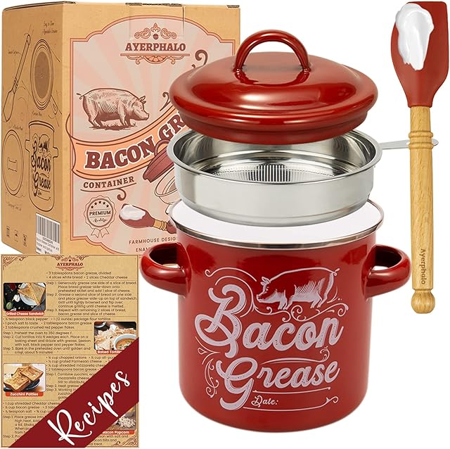 Bacon Grease Container with Strainer - 46OZ Large Capacity, With Silicone Wooden Spatula, Enamel Bacon Grease Keeper for Bacon Drippings, Farmhouse Red Kitchen Decor, Dishwasher Safe
