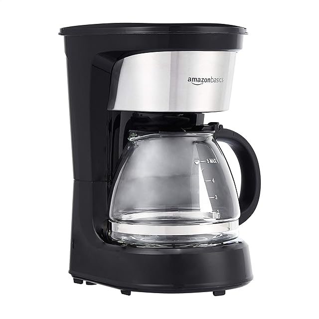 Amazon Basics Coffee Makers, 5-Cup Coffee Machines with Reusable Filter, Coffee Pots, Black & Stainless Steel