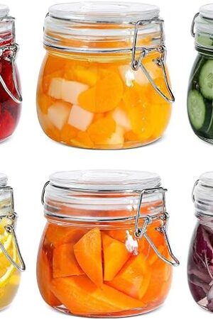 ComSaf Airtight Glass Canister Set of 6 with Lids 17oz Food Storage Jar Round - Storage Container with Clear Preserving Seal Wire Clip Fastening for Kitchen Canning Cereal,Pasta,Sugar,Beans,Spice