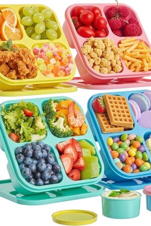 4 Pcs Snack Box Containers Set, Reusable 4 Compartment Lunchable Container with 2Pcs Sauce Containers, Stackable BPA-Free Bento Box for School, Work, Travel (4 Color)