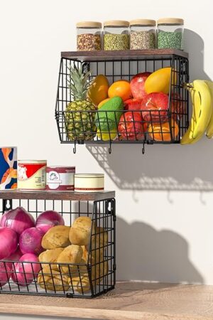 2 Tier Fruit Bowl Fruit Basket for Kitchen Counter Stackable Wall Mounted Hanging Basket Wire Baskets with Wood Lid with 4 Banana Hanger Hooks, Onion Basket, Fruit and Vegetable Storage