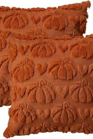 AVOIN colorlife Fall Pumpkin Heart Caramel Throw Pillow Covers, 18 x 18 Inch Seasonal Autumn Thanksgiving Harvest Soft Plush Faux Fur Jacquard Cushion Case Decoration for Sofa Set of 2