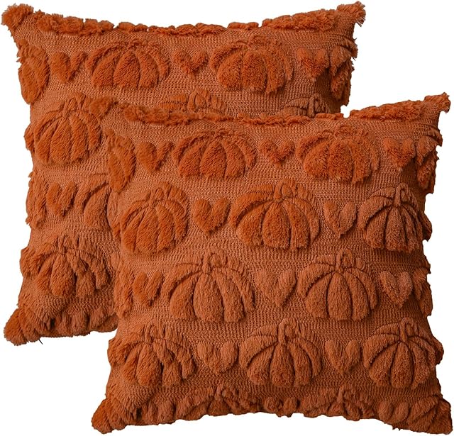 AVOIN colorlife Fall Pumpkin Heart Caramel Throw Pillow Covers, 18 x 18 Inch Seasonal Autumn Thanksgiving Harvest Soft Plush Faux Fur Jacquard Cushion Case Decoration for Sofa Set of 2