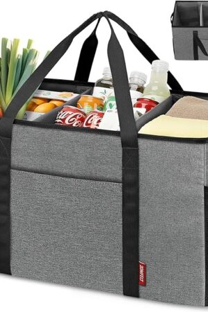 ZOMFELT 75L Standing Extra Large Utility Tote Bag with Removable Dividers & 4-sided Reinforced, Reusable Grocery Shopping Bags Foldable, Car Beach Travel Tote Bag with Handle for Picnics, Laundry