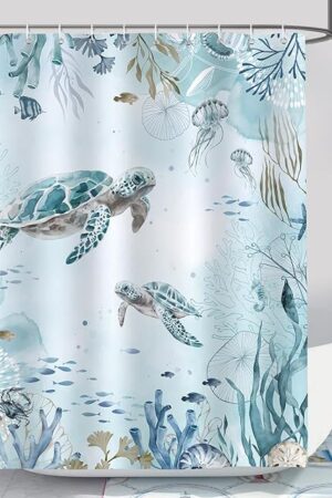 Bonhause Sea Turtle Shower Curtain for Bathroom Teal Blue Ocean Beach Coastal Decorative Bath Curtain 72 x 72 Inch Polyester Fabric Waterproof Bathroom Curtain with 12 Hooks