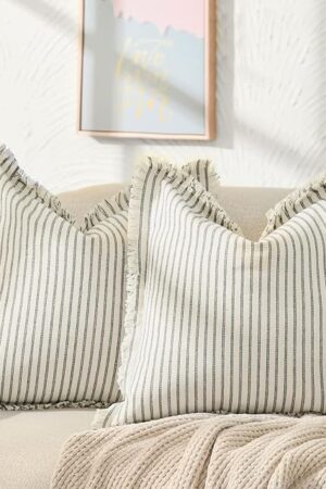 ZWJD Throw Pillow Covers 18x18 Set of 2 Striped Pillow Covers with Fringe Chic Cotton Decorative Pillows Square Cushion Covers for Sofa Couch Bed Living Room Farmhouse Decor