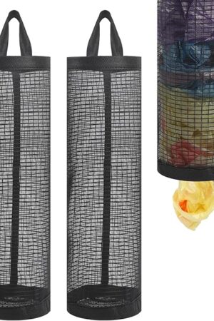 2Pack Plastic Bag Holder, Grocery Bag Holder for Plastic Bags Mesh Hanging Storage Dispenser Trash Bag Organizer Shopping Bag Holder for Plastic Bags