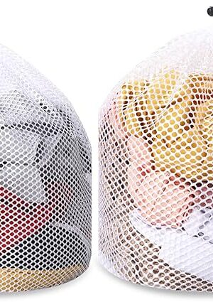 2pcs Mesh Laundry Bags for Socks, Machine Washable Drawstring Design Travel Mesh Laundry Wash Bags White Drawstring Garment Bags for Laundry Storage for Home Dorm Hotel Travel Use,12x16inch, 16x20inch