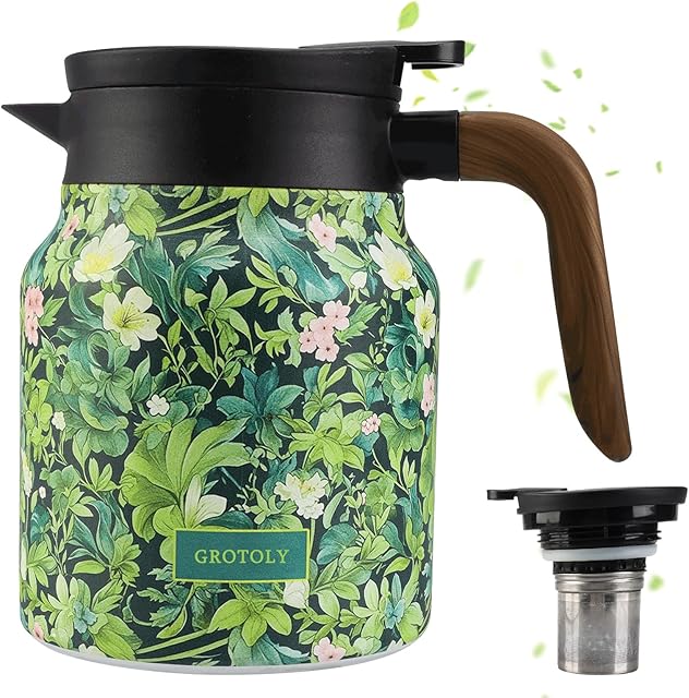 2025 New Vintage Floral Pattern Tea Thermos – Built-in Infuser 1L Green Tea Thermos with Infuser Stainless Steel Thermos Insulated Tea Pot Floral Coffee Pot for Home Kitchen Office